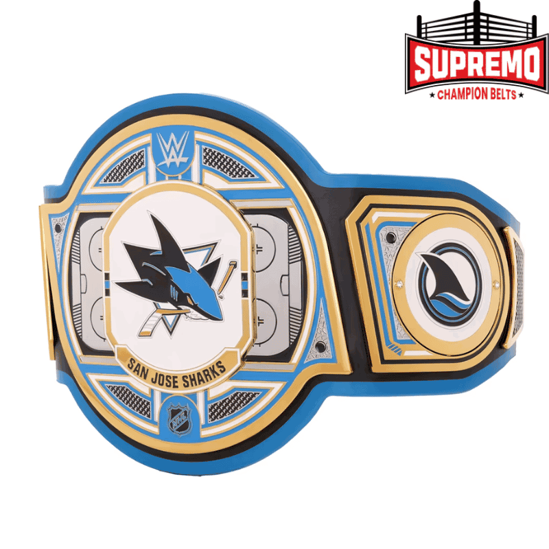 Sharks title belt replica laid flat showing main plate, side plates and strap