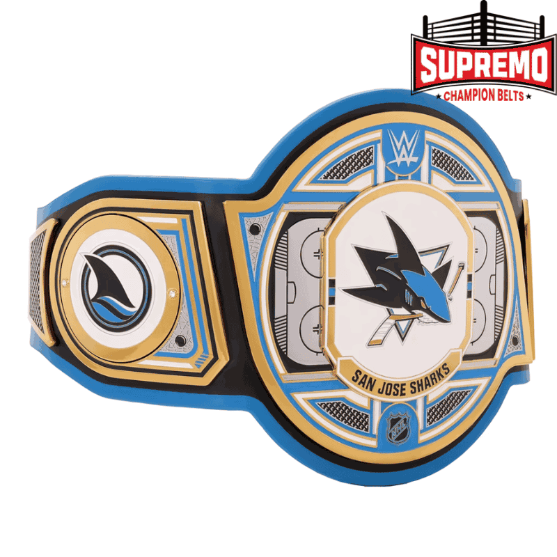 Close-up of the San Jose Sharks title belt replica main plate in zinc alloy