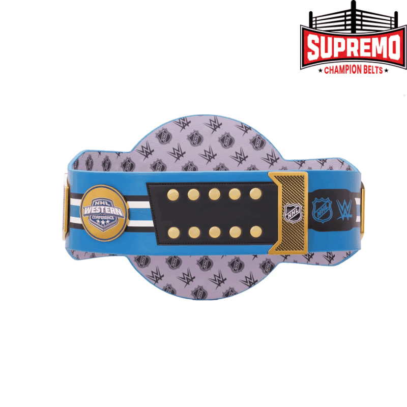 San Jose Sharks logo detail on the left side plate of the legacy title belt