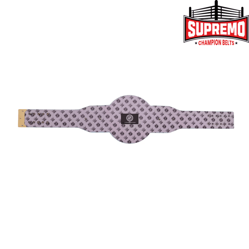 Teal and black Sharks-themed strap and bar plate on the title belt replica
