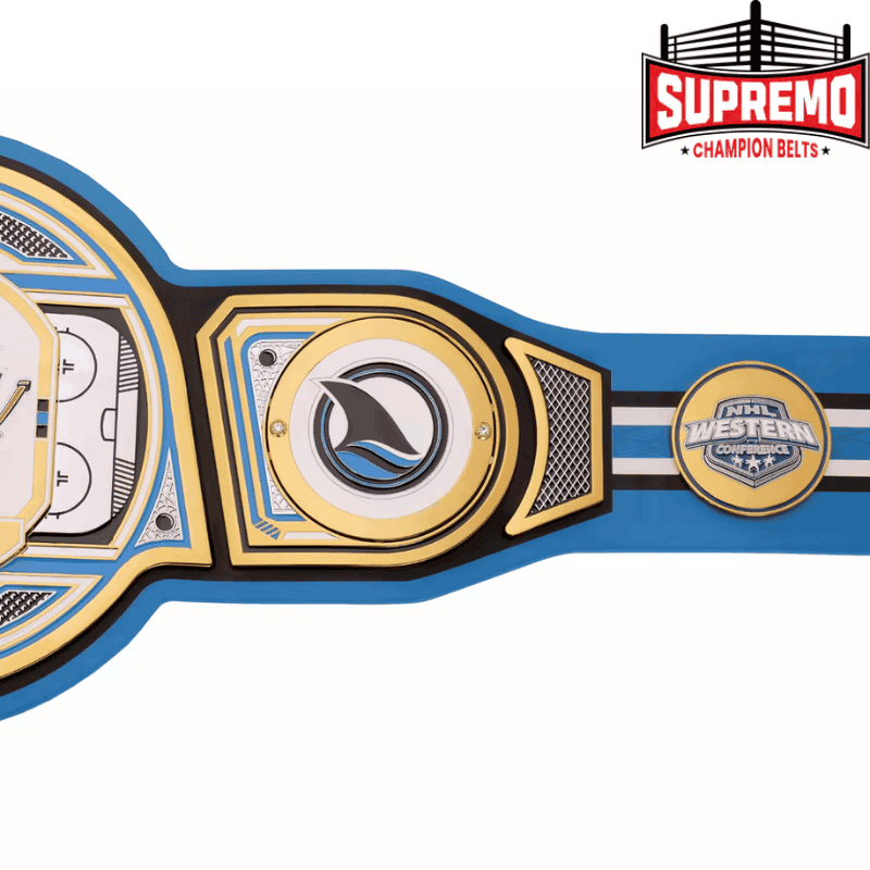 Back view of the Sharks replica belt showing strap lining and snap fasteners