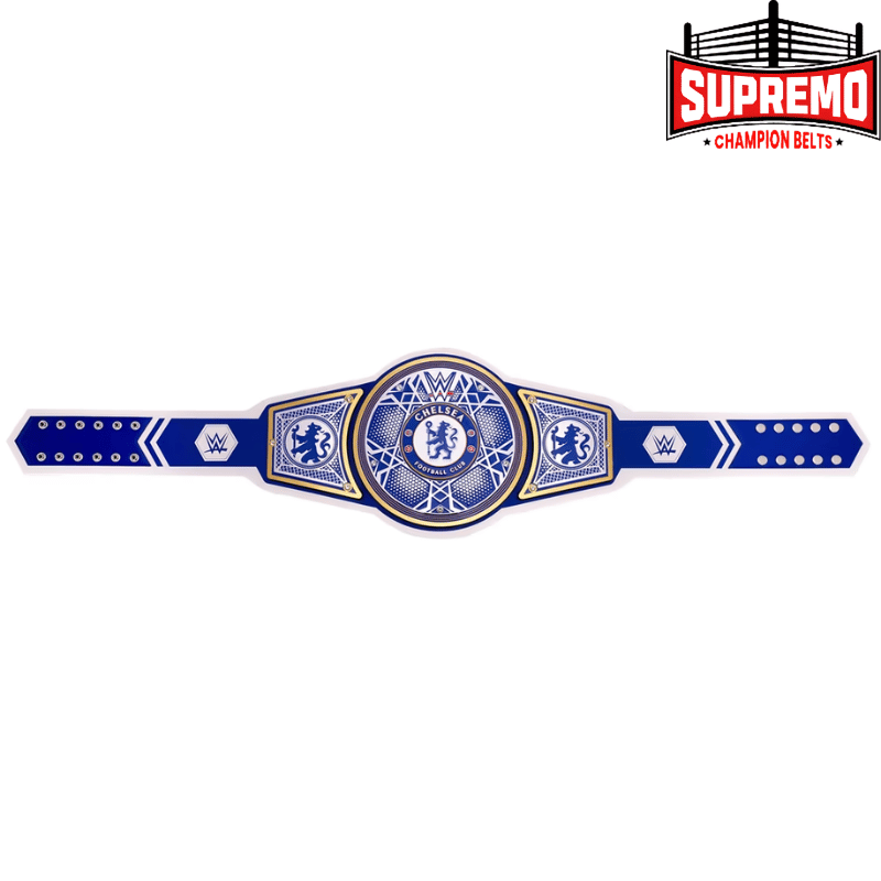 Full-size Chelsea WWE replica title belt on display