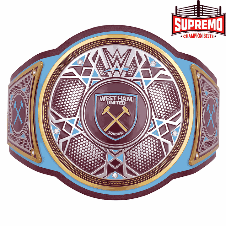 WWE x West Ham United Legacy Championship Replica Belt, full front view of strap and plates