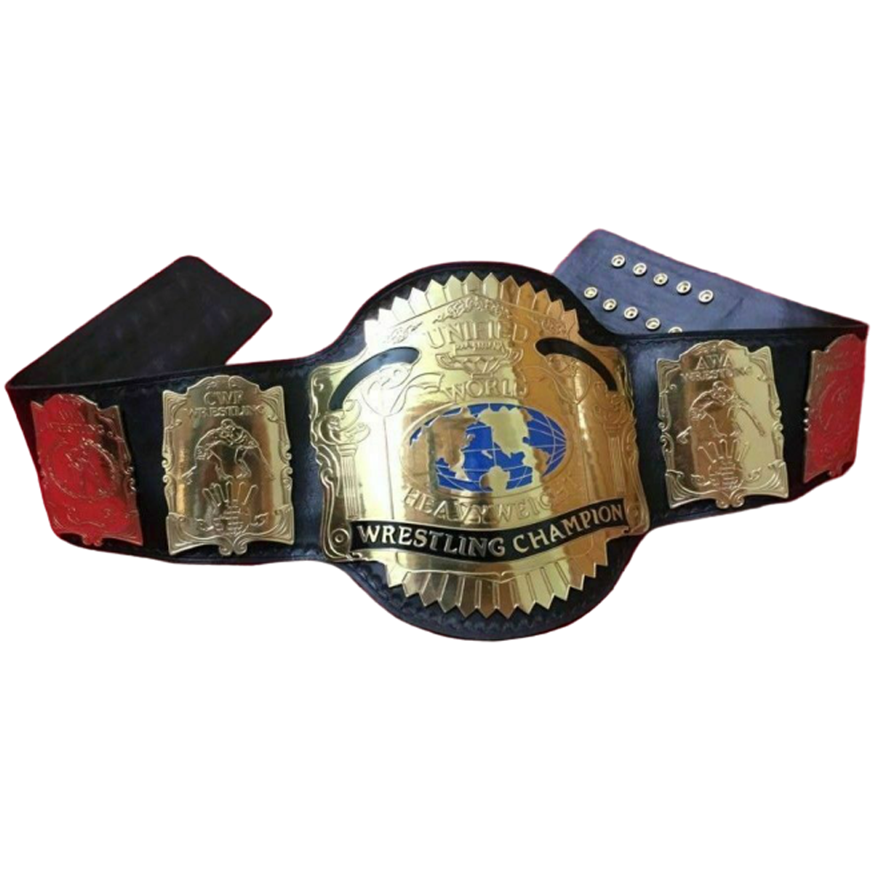 AWA Unified World Heavyweight Championship belt with gold plates and black leather strap from Championship Belts Online