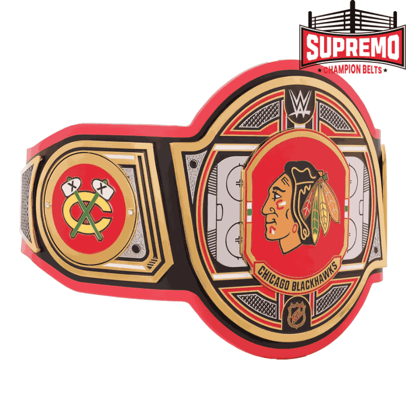 Blackhawks-inspired side plate on championship belt