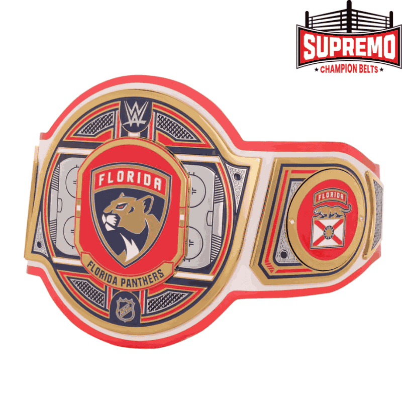 Panthers title belt main plate with Stanley Cup design, close-up