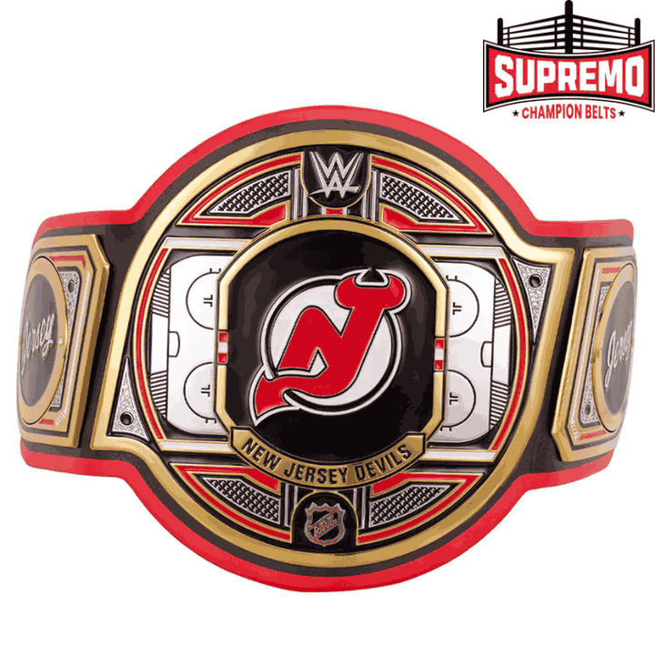 New Jersey Devils WWE Legacy Title Belt replica with red and black strap and zinc alloy plates