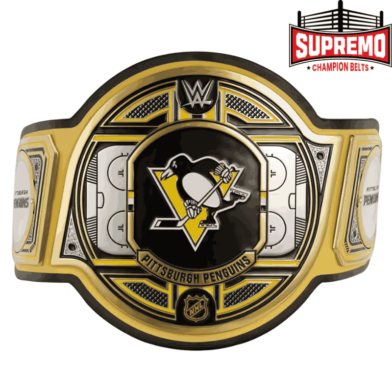 Pittsburgh Penguins WWE Legacy Title Belt replica, front view with black strap and gold plates