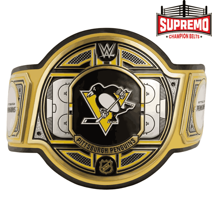 Pittsburgh Penguins WWE Legacy Title Belt replica, front view with black strap and gold plates