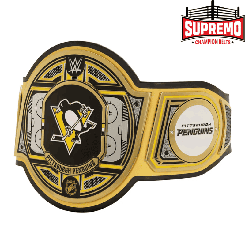 Pittsburgh Penguins championship belt replica laid flat showing the full 52-inch strap