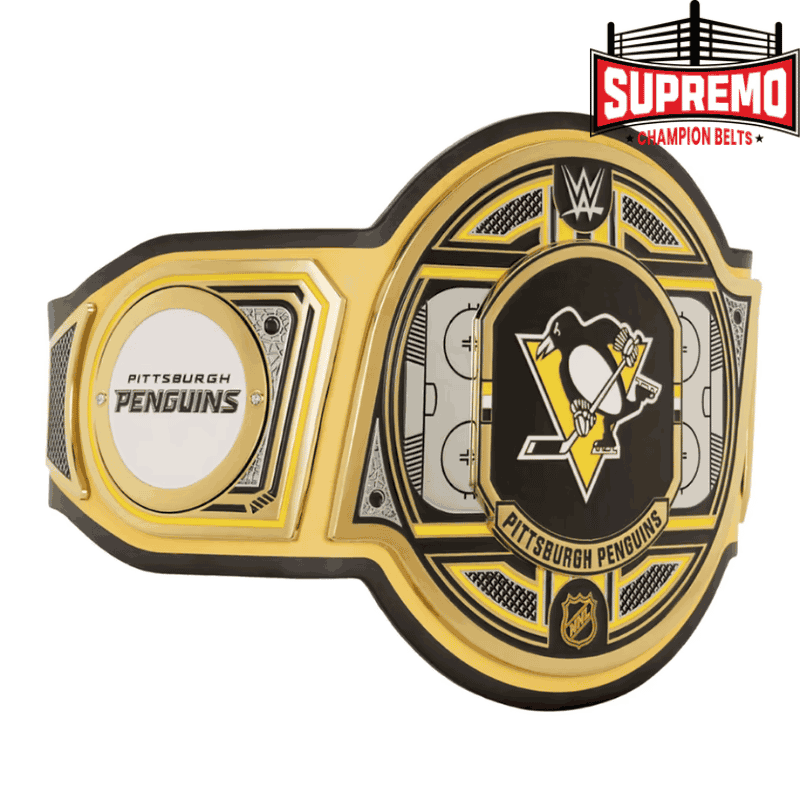 Close-up of the Penguins logo on the main plate of the NHL title belt replica