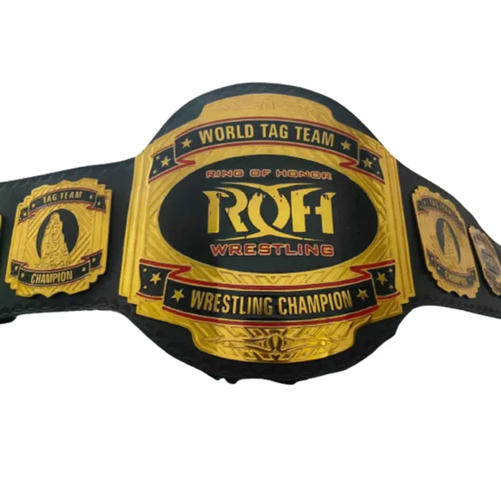ROH World Tag Team Title replica championship belt with gold plates and black strap from Championship Belts Online