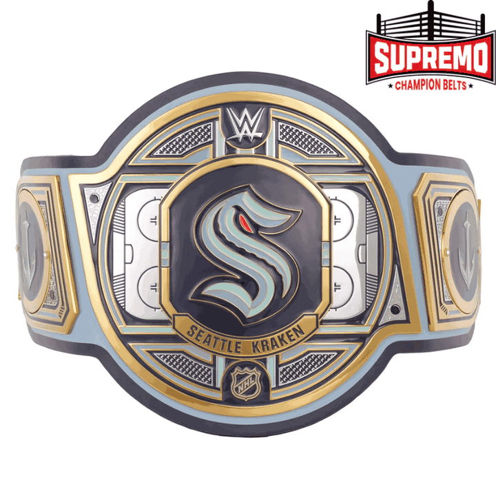 Seattle Kraken WWE Legacy Title Belt replica, full front view with zinc alloy plates and strap