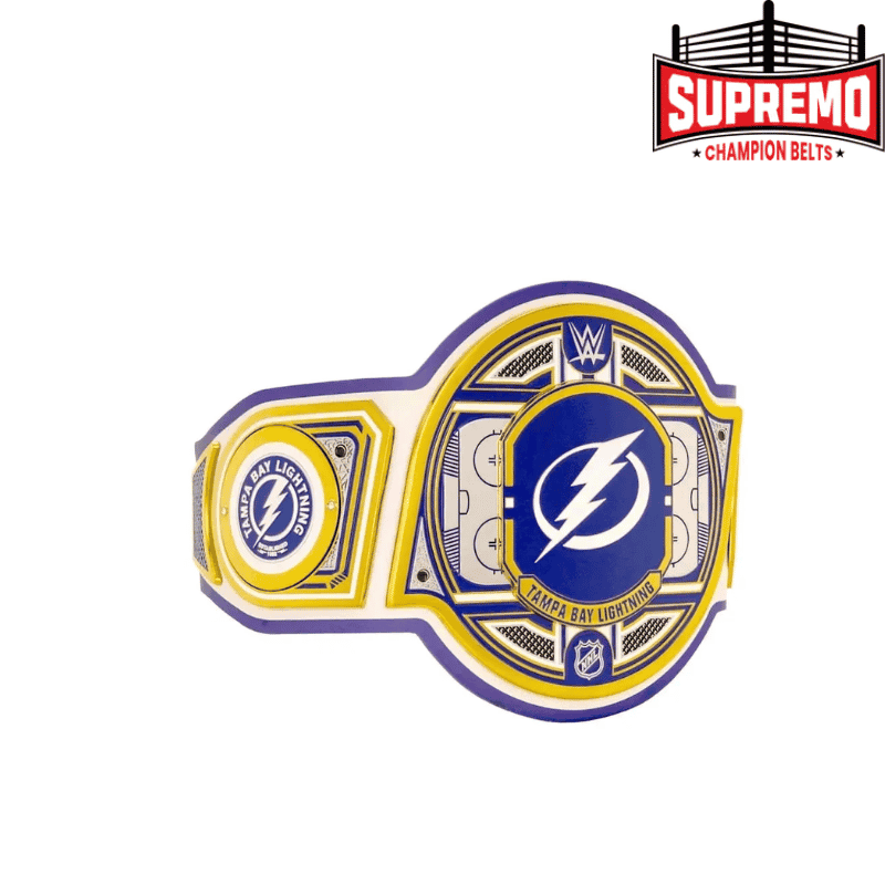 Tampa Bay Lightning replica title belt side plates in blue, white and silver