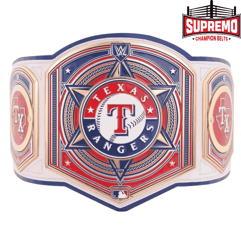 Texas Rangers WWE Legacy Title Belt replica with blue and red strap and zinc alloy center plate