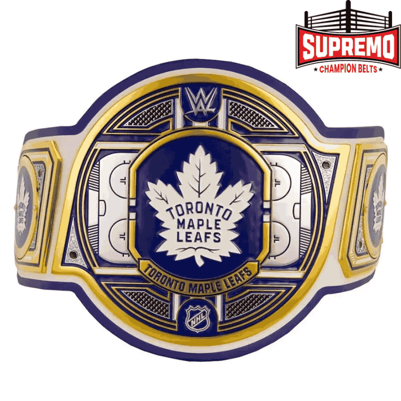 Toronto Maple Leafs NHL championship belt replica, full front view with blue and white center plate and zinc metal side plates
