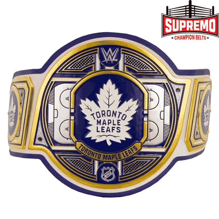 Toronto Maple Leafs NHL championship belt replica, full front view with blue and white center plate and zinc metal side plates
