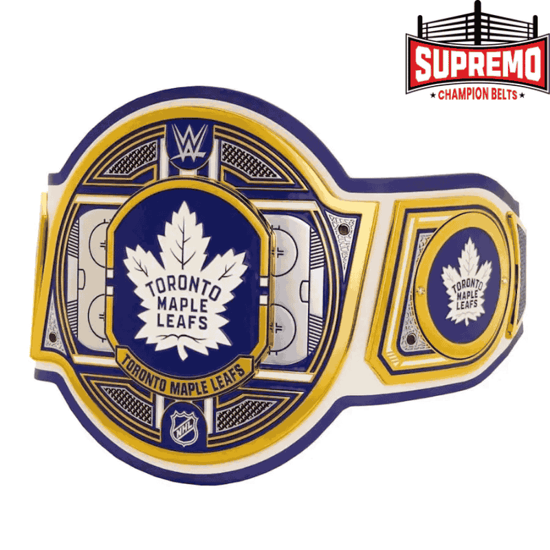 Close-up of the Maple Leafs logo center plate on the replica NHL championship belt