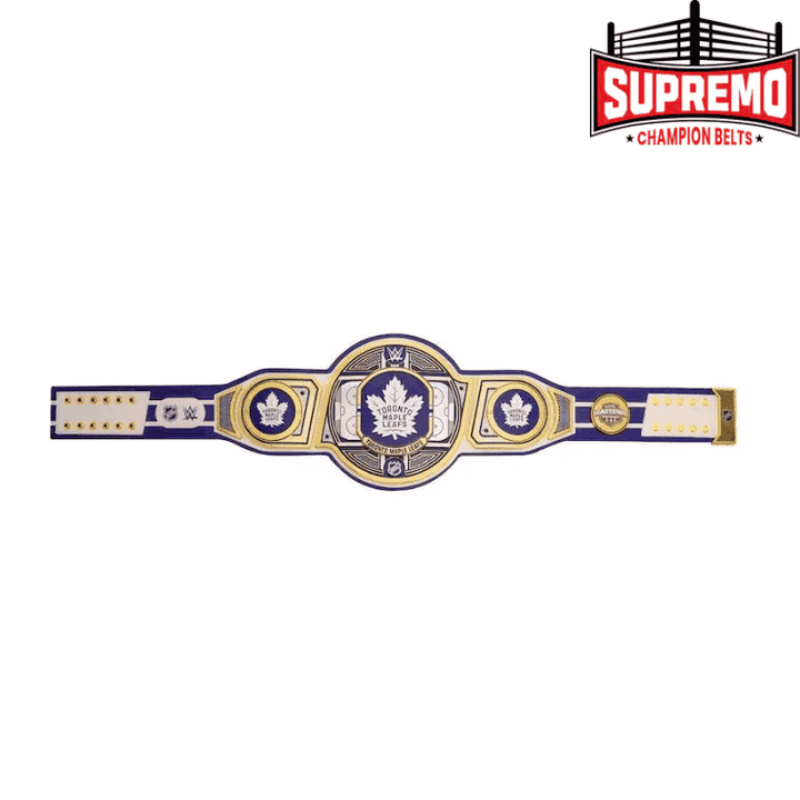 Toronto Maple Leafs replica championship belt, 50-inch strap with snap fasteners, angled view