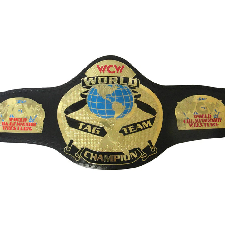 WCW tag team championship belt with gold plates and black leather strap by Championship Belts Online