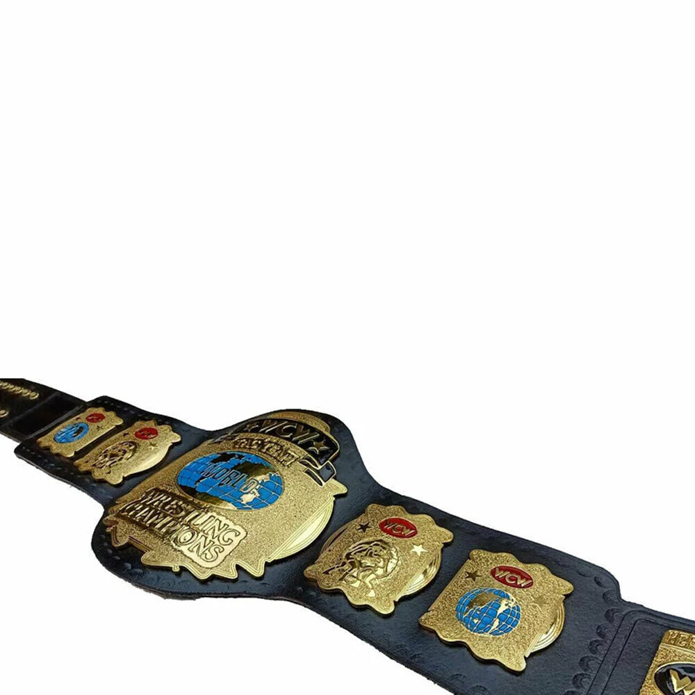 WCW World Tag Team title belt with gold plates and black leather strap by Championship Belts Online