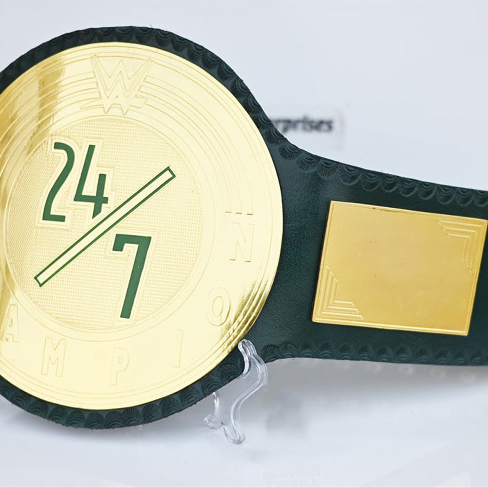 WWE 24/7 Championship belt for sale with gold plate and black strap by Championship Belts Online