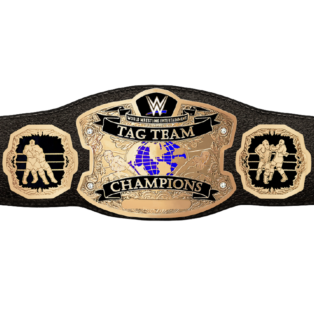WWE tag team championship belt with black leather strap and gold detailed plates