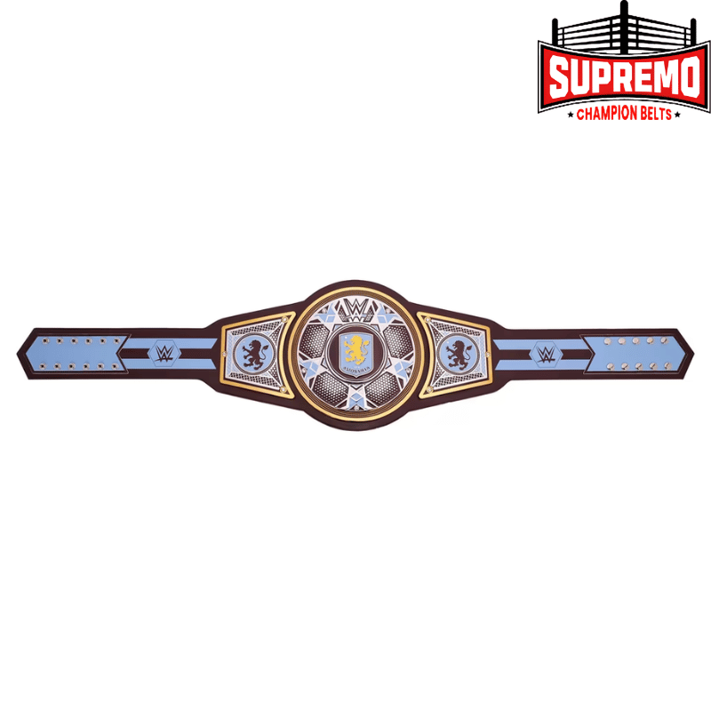 Angled view of WWE Aston Villa Legacy replica belt plates and strap